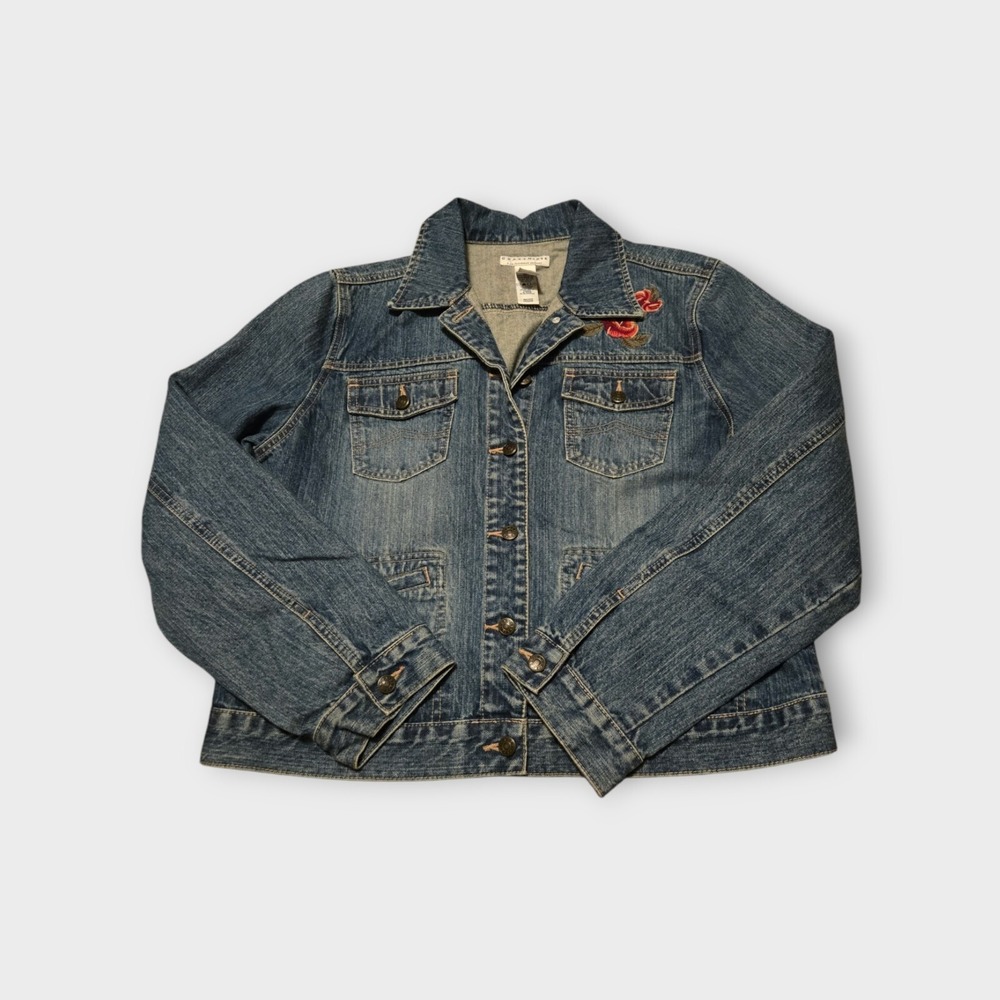 Crazy Horse Jean Jacket Womens XL Denim Floral Embroidered Liz Claiborne